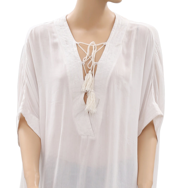 Free People Ivory Kaftan Tunic Top Lace Up Beach Wear Kimono XL