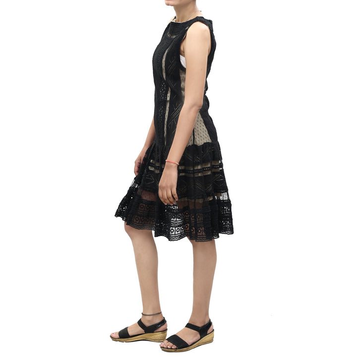 Alice + Olivia Wendie Boat Neck Drop Waist Mixed Lace Mini Dress