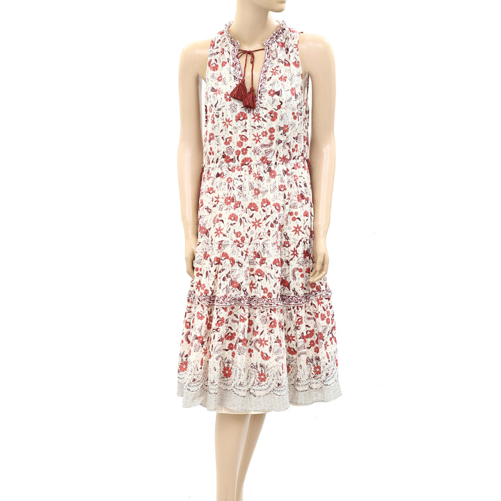 Ulla Johnson Floral Printed Ruffled Tiered Stripe Midi Dress