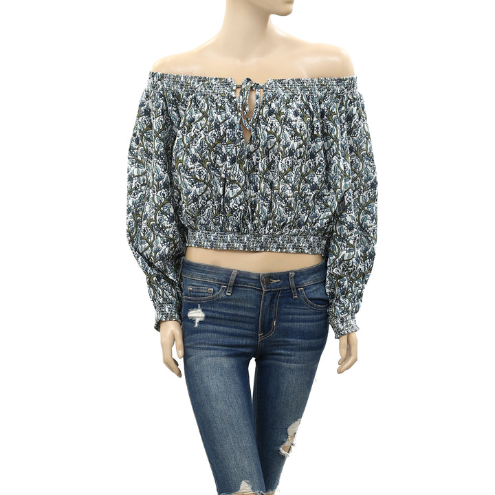 Free People Printed Anything Goes Off the Shoulder Crop Top