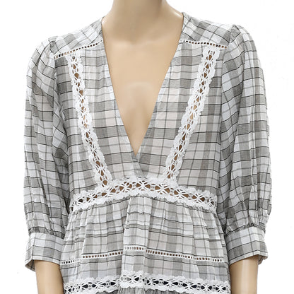 Free People Time Out Plaid Lace Tunic Top XS