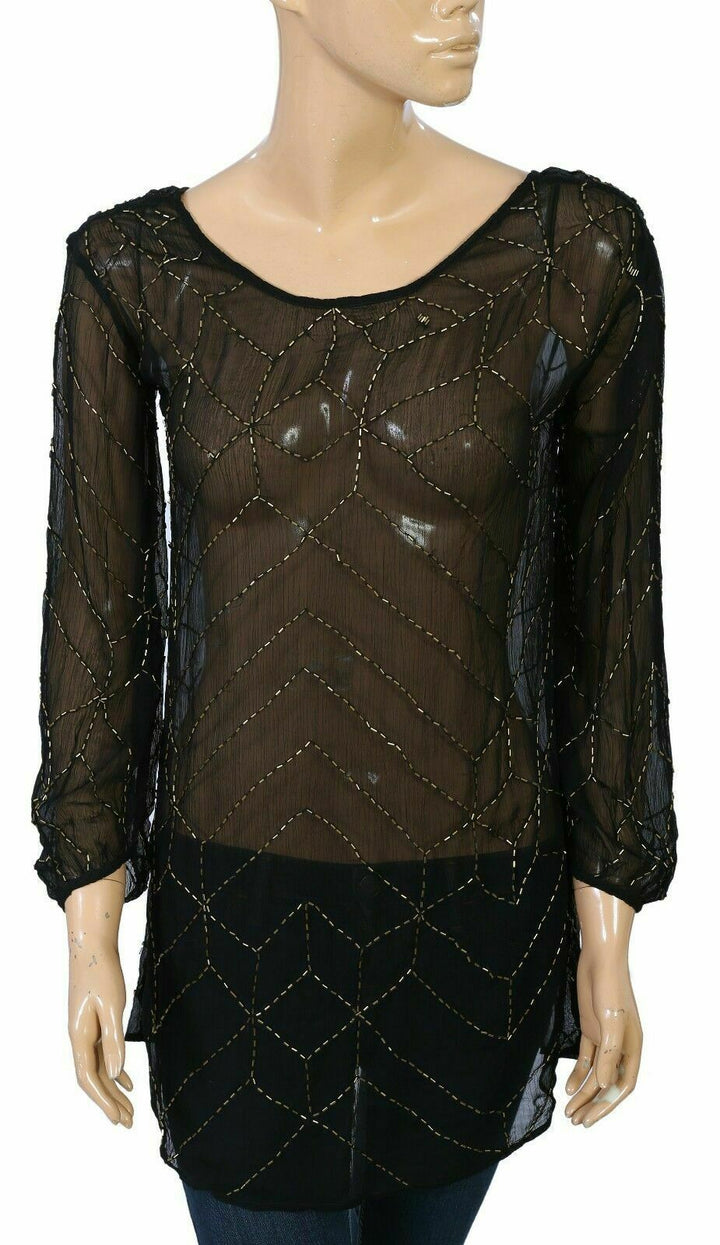 Free People Bead Embellished Black Tunic Top