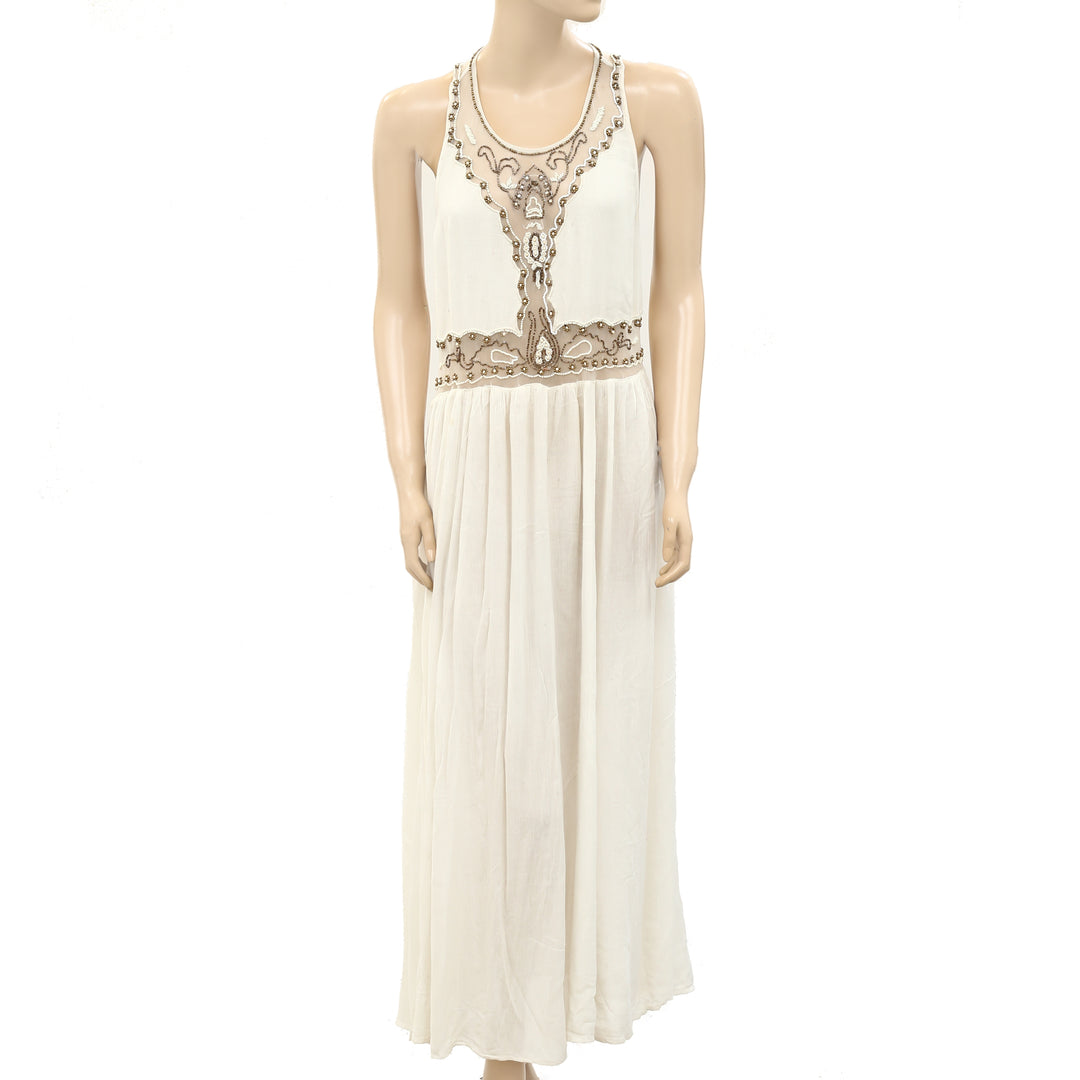 Farm Rio Anthropologie Beaded Embellished Maxi Long Dress White Chocolate Couture Farm Rio Anthropologie Beaded Embellished Maxi Long Dress White Chocolate Couture