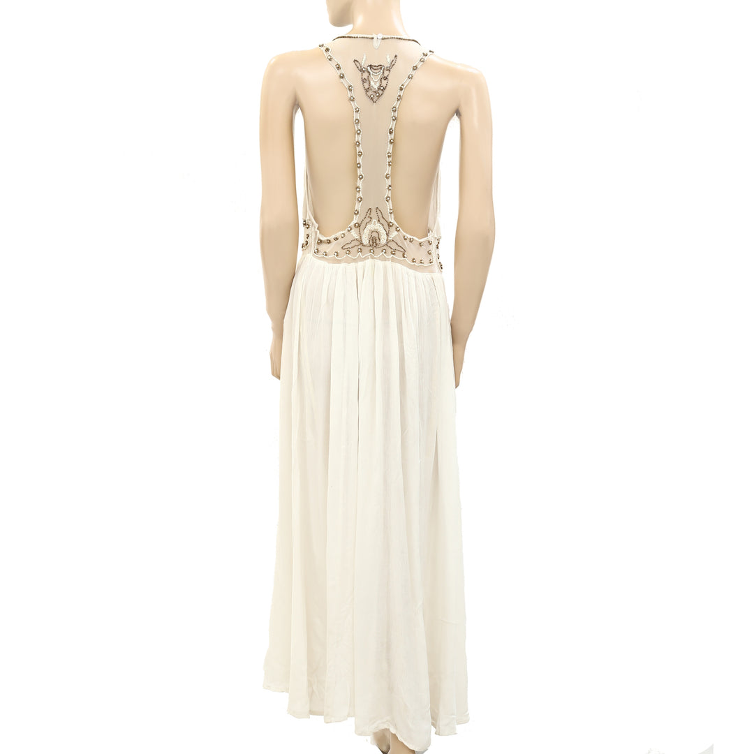 Farm Rio Anthropologie Beaded Embellished Maxi Long Dress White Chocolate Couture Farm Rio Anthropologie Beaded Embellished Maxi Long Dress White Chocolate Couture