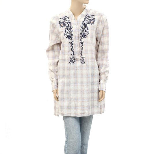 Odd Molly Anthropologie Embroidered Plaid Check Tunic Top