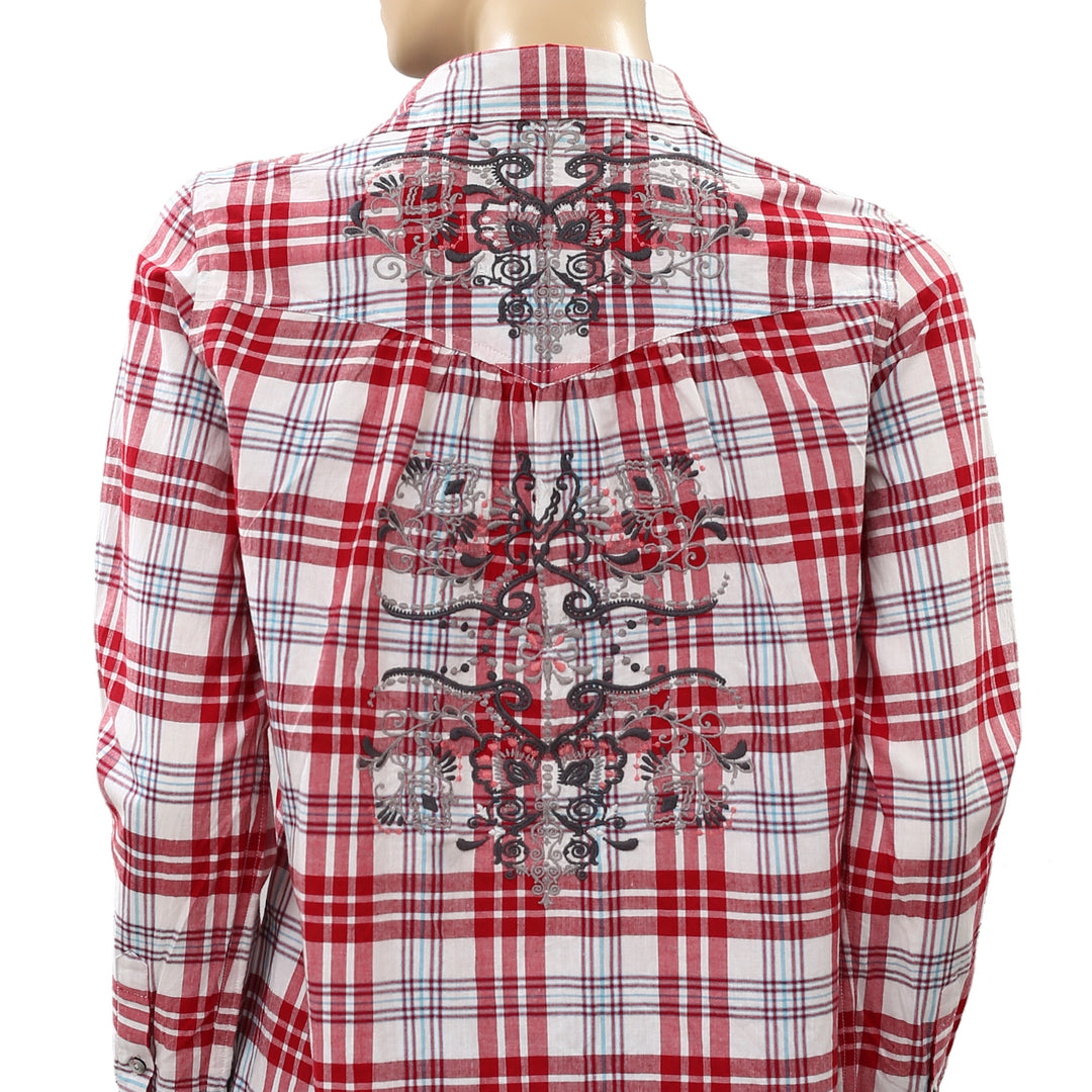 Odd Molly Anthropologie Embroidered Plaid Shirt Tunic Top