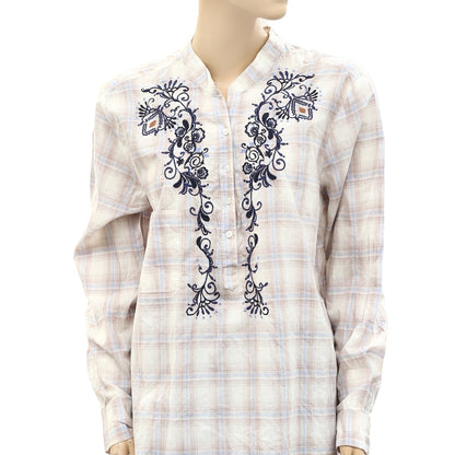 Odd Molly Anthropologie Embroidered Plaid Check Tunic Top