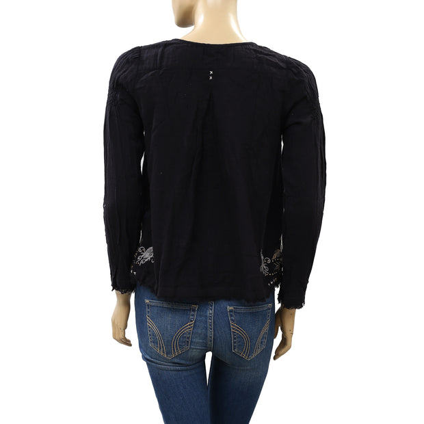 Odd Molly Anthropologie Floral Embroidered Black Blouse Top XS 0