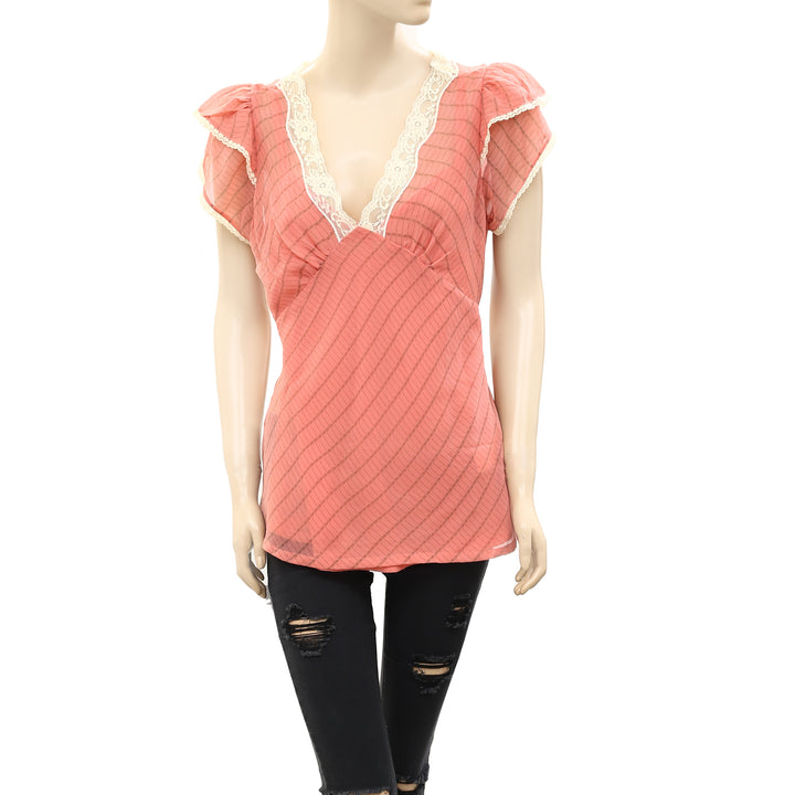 Milla Striped Printed Lace Peach Tunic Top L