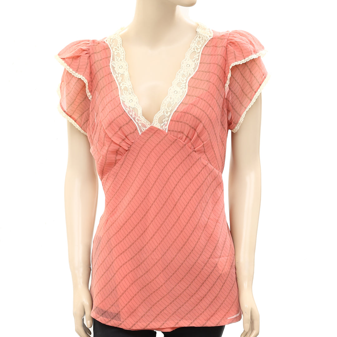 Milla Striped Printed Lace Peach Tunic Top L