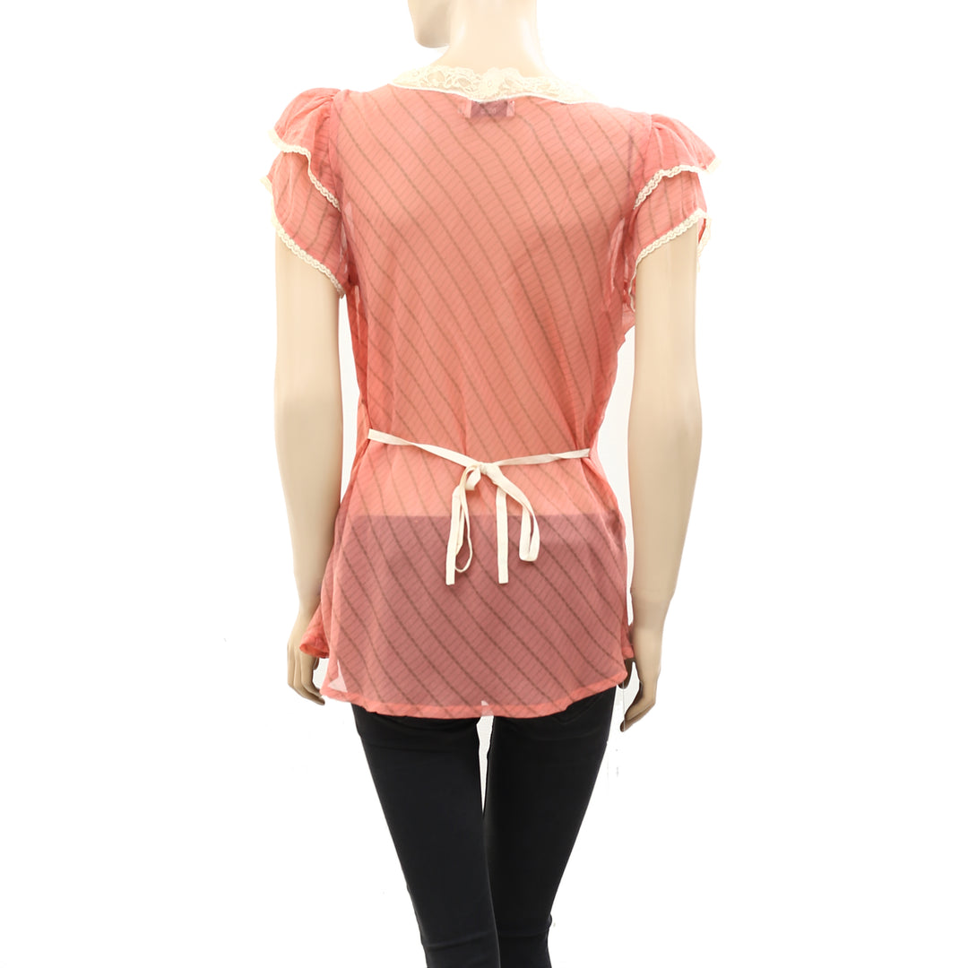 Milla Striped Printed Lace Peach Tunic Top L