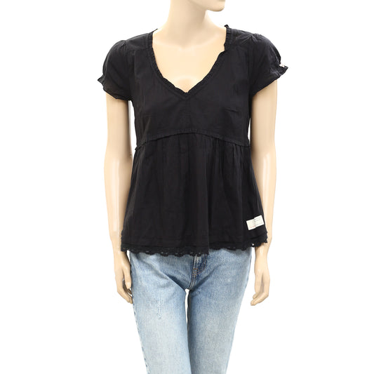 Odd Molly Anthropologie Medley Lace Ruffle Black Blouse Top