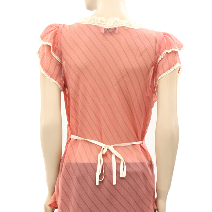 Milla Striped Printed Lace Peach Tunic Top L