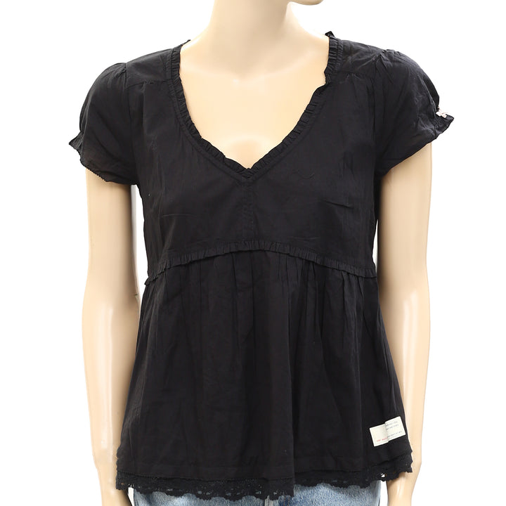 Odd Molly Anthropologie Medley Lace Ruffle Black Blouse Top
