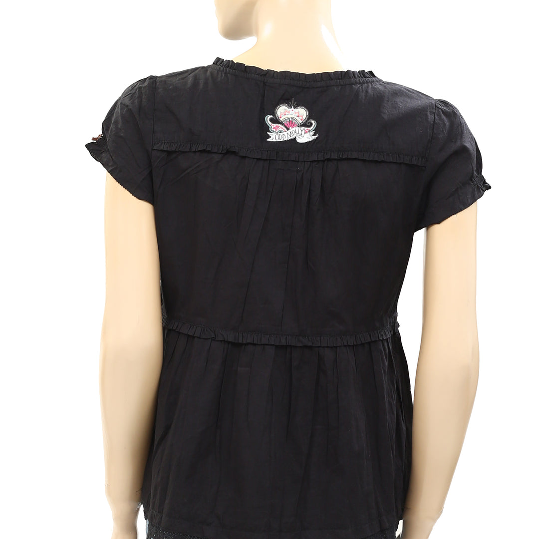 Odd Molly Anthropologie Medley Lace Ruffle Black Blouse Top