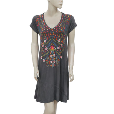Caite Floral Embroidered Gray Boho Tunic Dress S