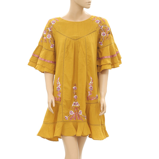 New Free People Pavlo Babydoll Embroidered Mustard Bohemian Mini Dress M