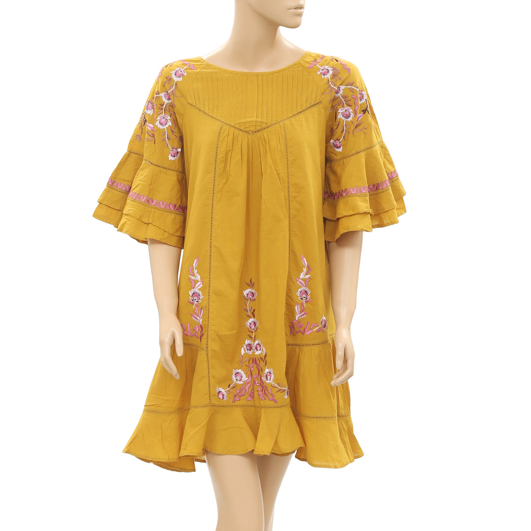 New Free People Pavlo Babydoll Embroidered Mustard Bohemian Mini Dress White Chocolate Couture New Free People Pavlo Babydoll Embroidered Mustard Bohemian Mini Dress White Chocolate Couture