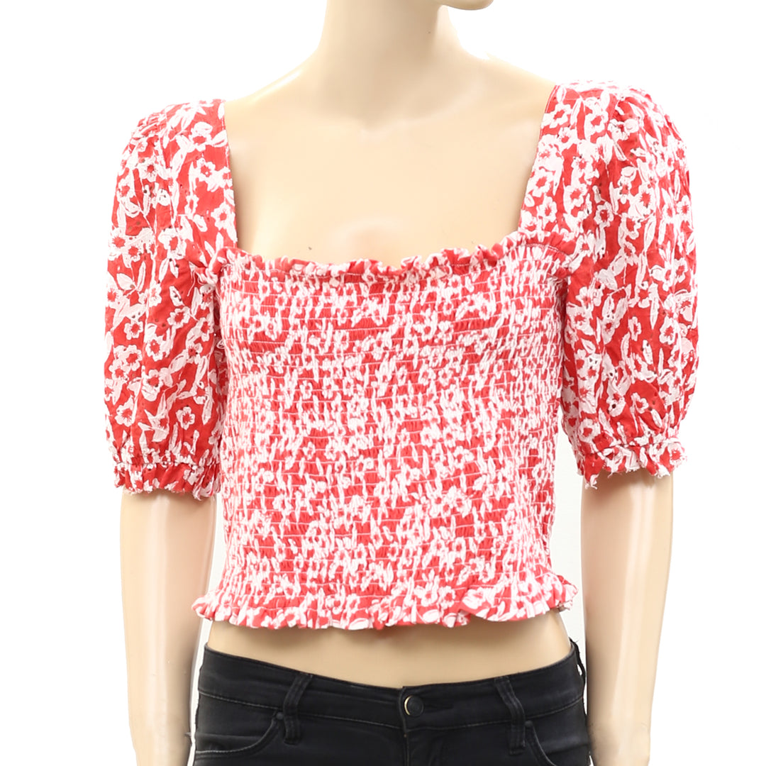Anthropologie Smocked Eyelet Blouse Cropped Top