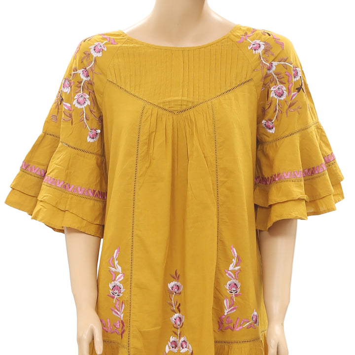 New Free People Pavlo Babydoll Embroidered Mustard Bohemian Mini Dress M