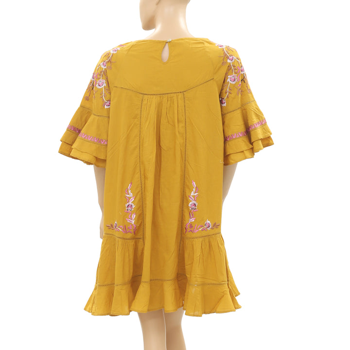 New Free People Pavlo Babydoll Embroidered Mustard Bohemian Mini Dress M