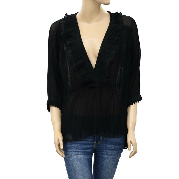 IRO Pleated Solid Black Tunic Top