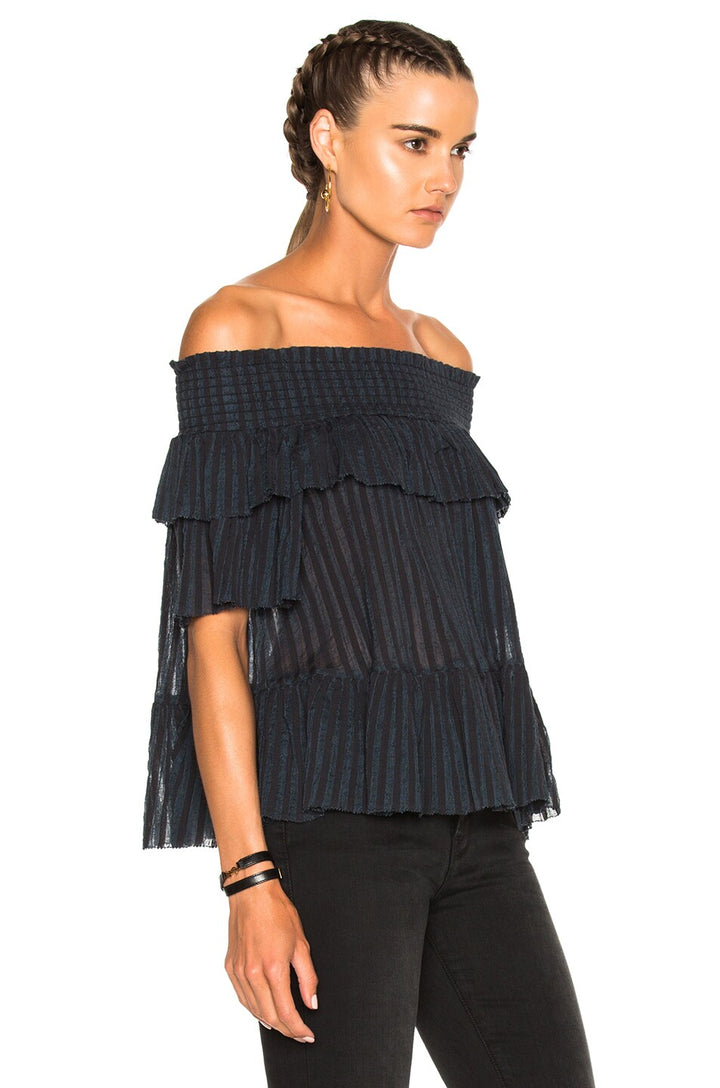 Ulla Johnson Kasia Off Shoulder Ruffle Striped Blouse Top