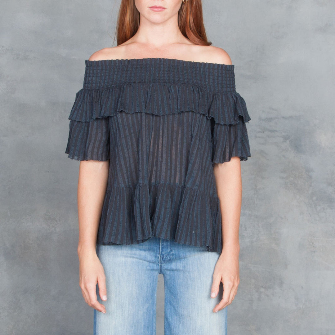 Ulla Johnson Kasia Off Shoulder Ruffle Striped Blouse Top