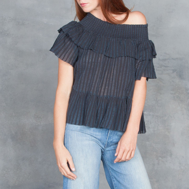 Ulla Johnson Kasia Off Shoulder Ruffle Striped Blouse Top