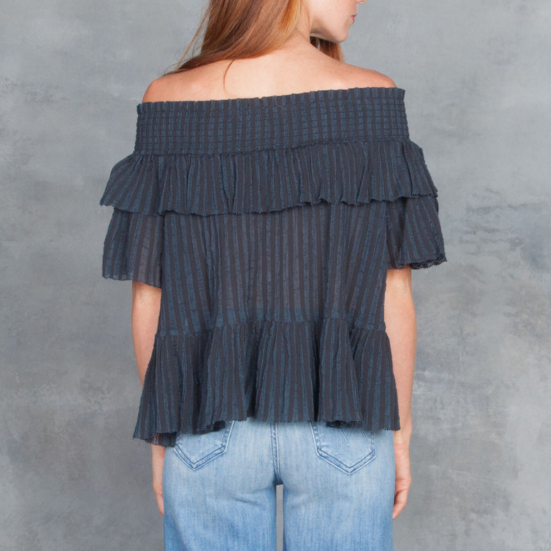 Ulla Johnson Kasia Off Shoulder Ruffle Striped Blouse Top
