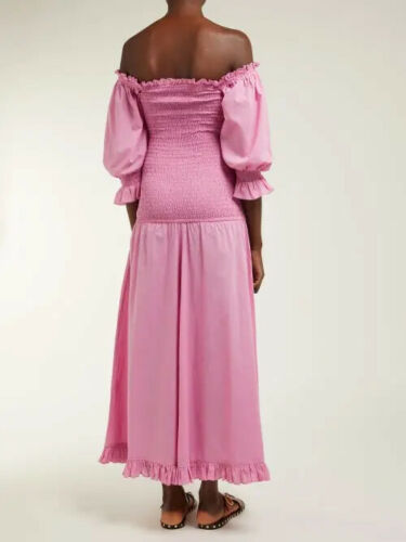 RHODE Resort Pink Eva Off The Shoulder Smocked Cotton Maxi Dress