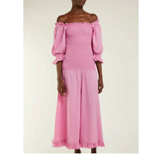RHODE Resort Pink Eva Off The Shoulder Smocked Cotton Maxi Dress