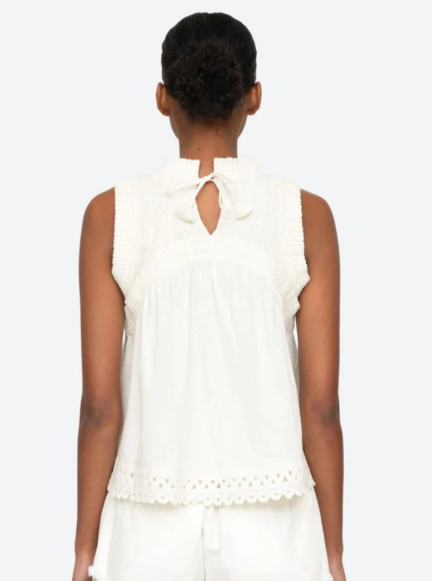 $365 Sea New York Willa Smocked Ric Rac Trimmed Cotton Blouse Top