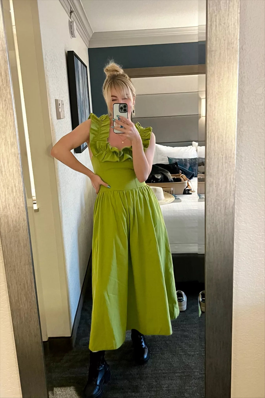 free people green ruffle dress Free People falling sun midi dress in crystal kelp