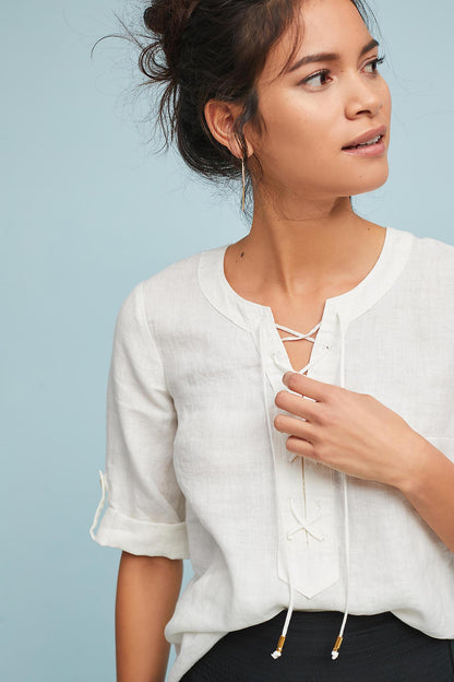 Maeve Anthropologie Marva Lace-Up Linen Tunic Top