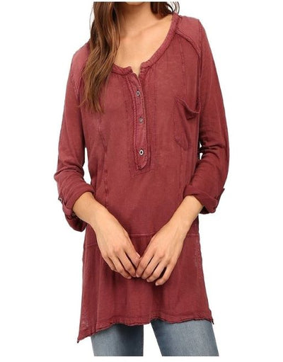 Free People We The Free Stargazer Henley High Low Tunin Wine Top L