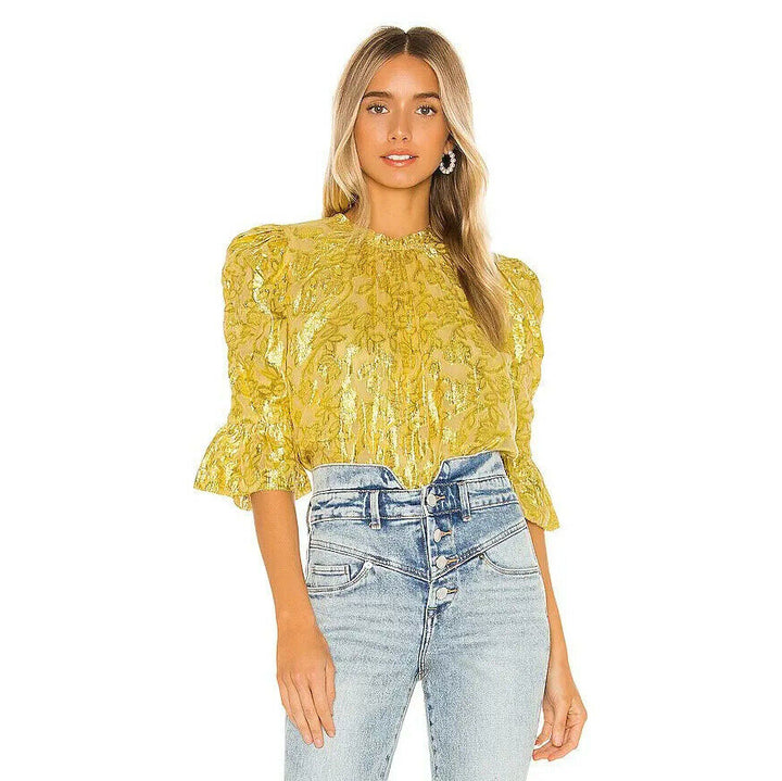 SAYLOR Pippy Puff Sleeves Ruffle Metallic Blouse Top