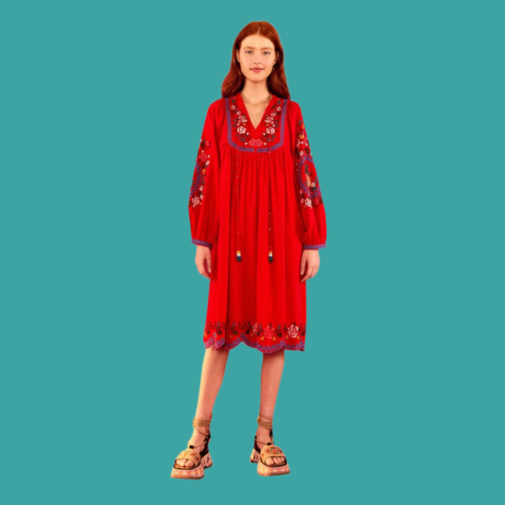 Farm Rio Red Embroidered Midi Dress