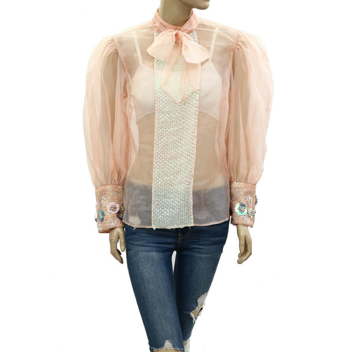 Uterque zara Sequin Embellished Sheer Blouse Top