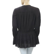 IRO Iryna Ruffled Voile Black Smocked Tunic Shirt Top