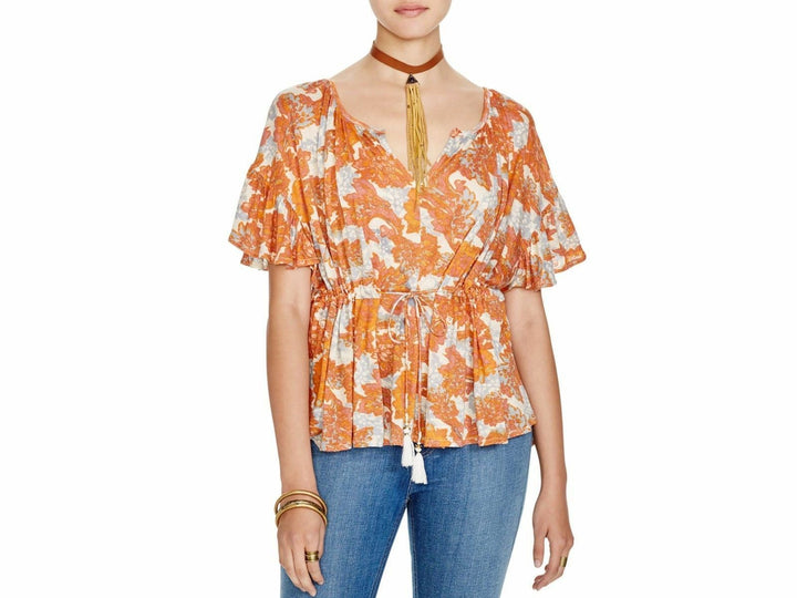 Free People Riverbend Printed Kimono Split Neck Blouse Top