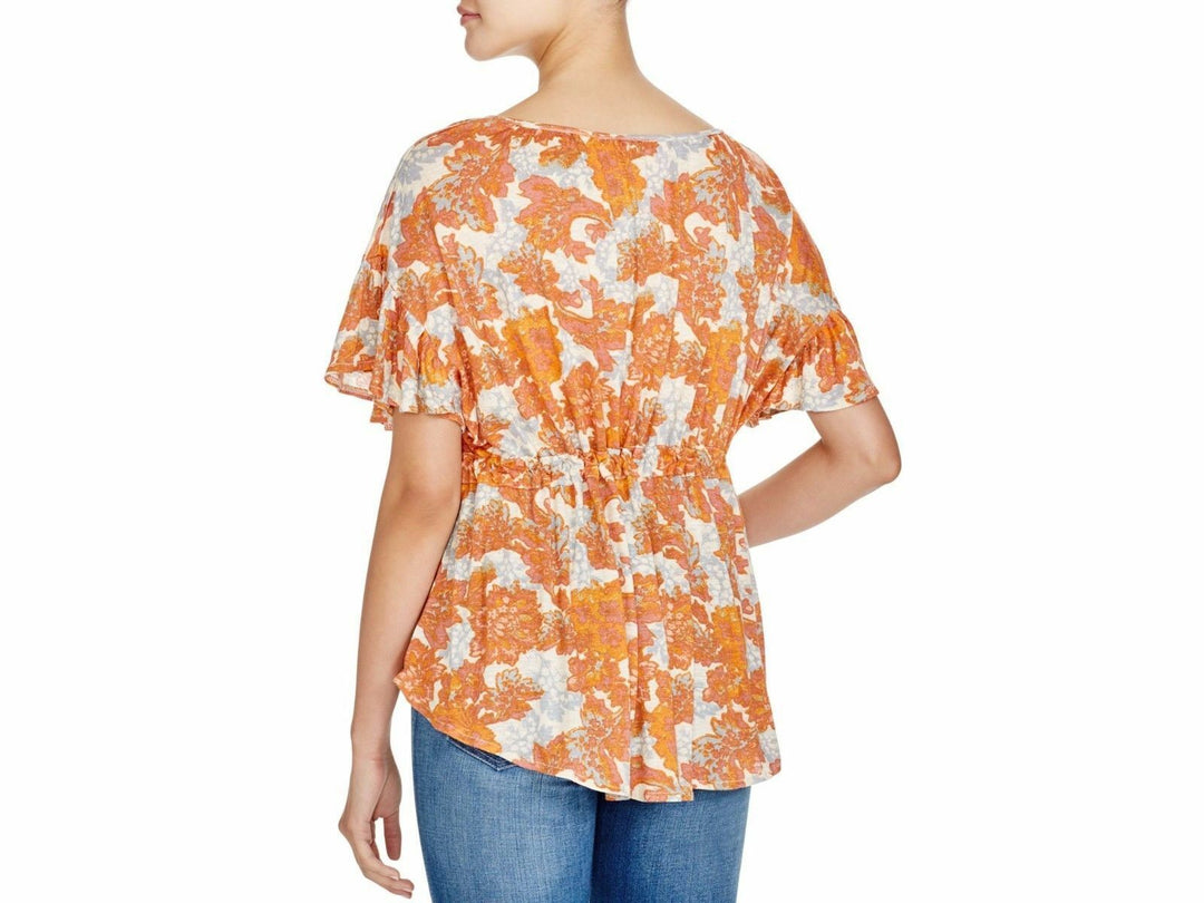 Free People Riverbend Printed Kimono Split Neck Blouse Top