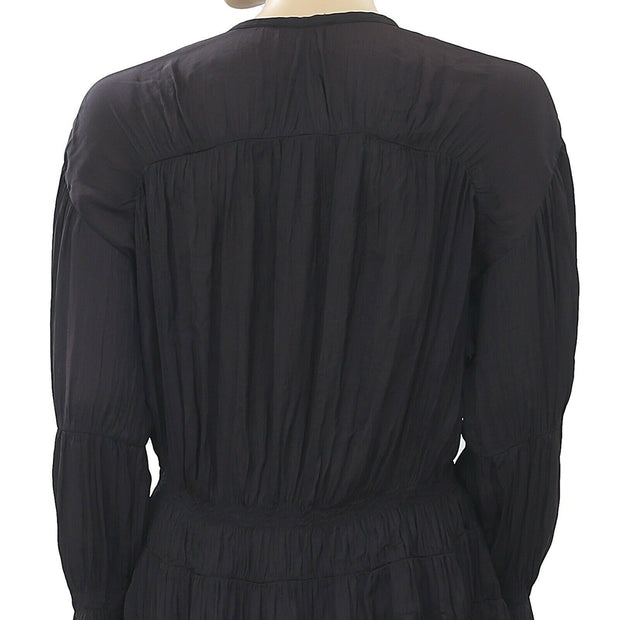 IRO Iryna Ruffled Voile Black Smocked Tunic Shirt Top
