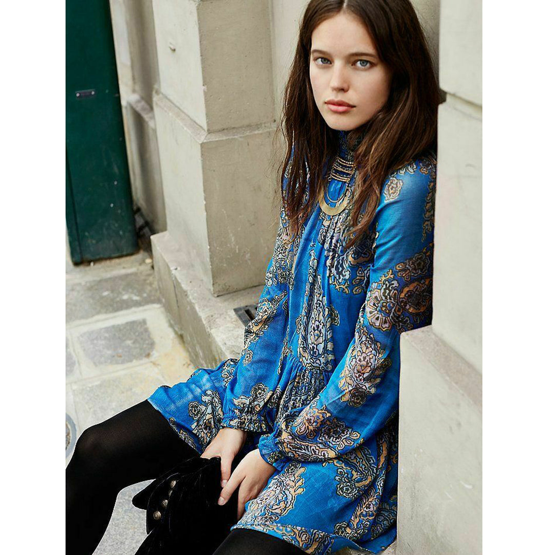 Free People Moonstruck Paisley Sheer Blue Mini Dress