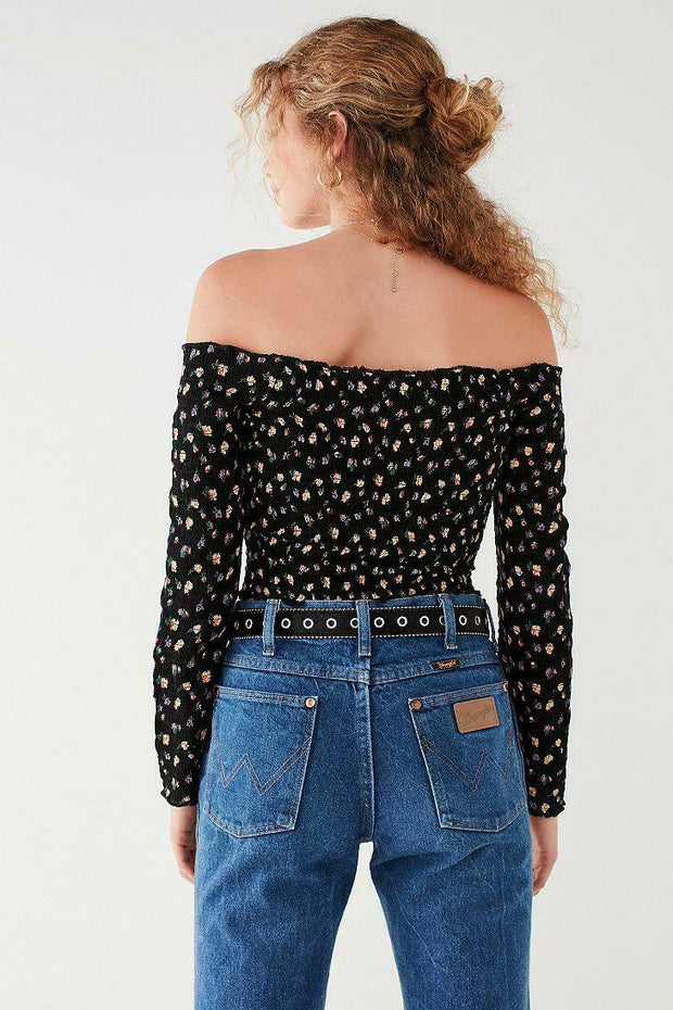 Pins & Needles Urban Outfitters Smocked Long Sleeve Bardot Cropped Top