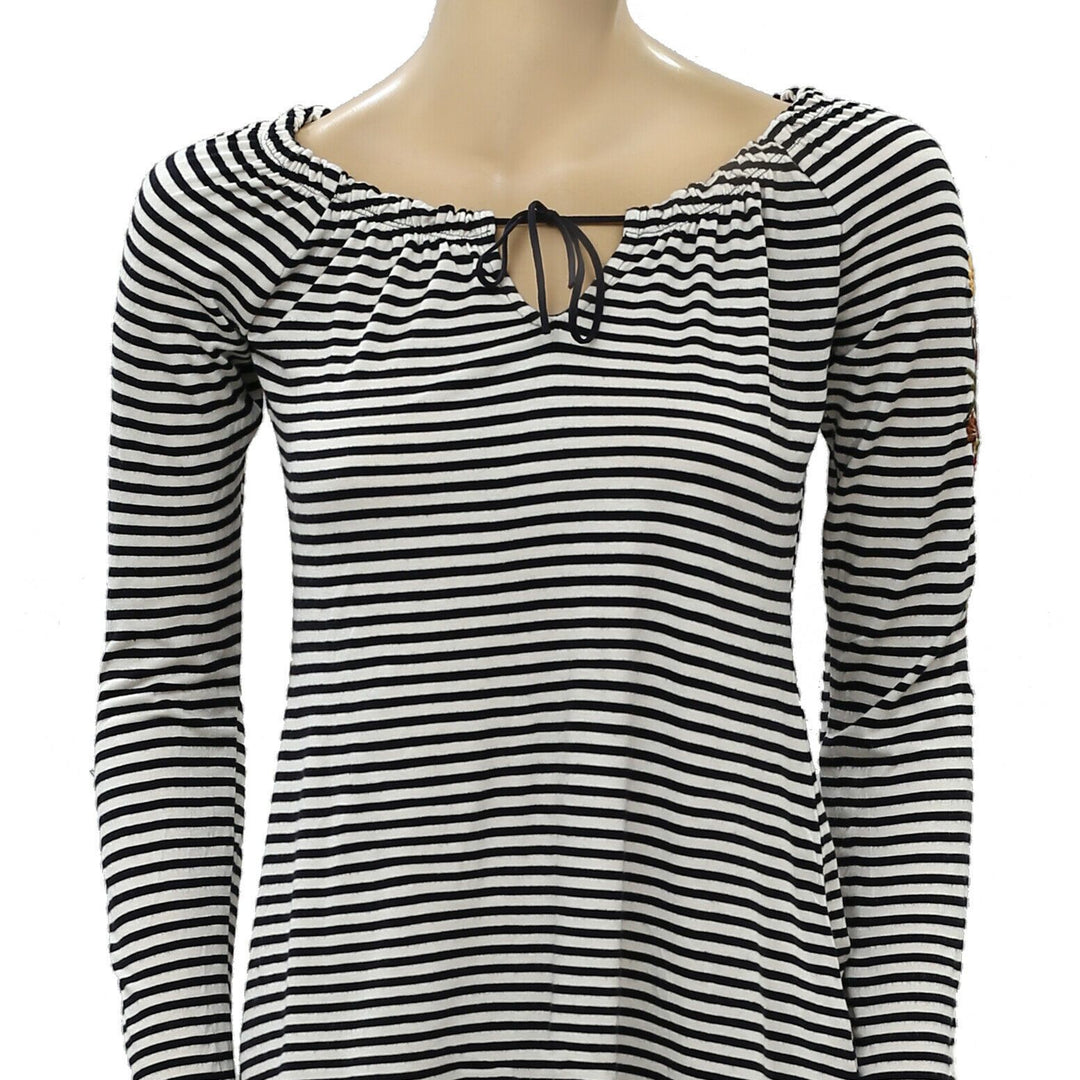 Caite Anthropologie Embroidered Striped Printed Tunic Top