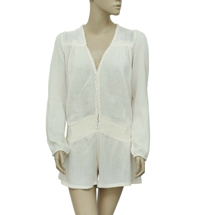 Free People Smocked Lace Long Sleeve Ivory Gauze Romper Dress M