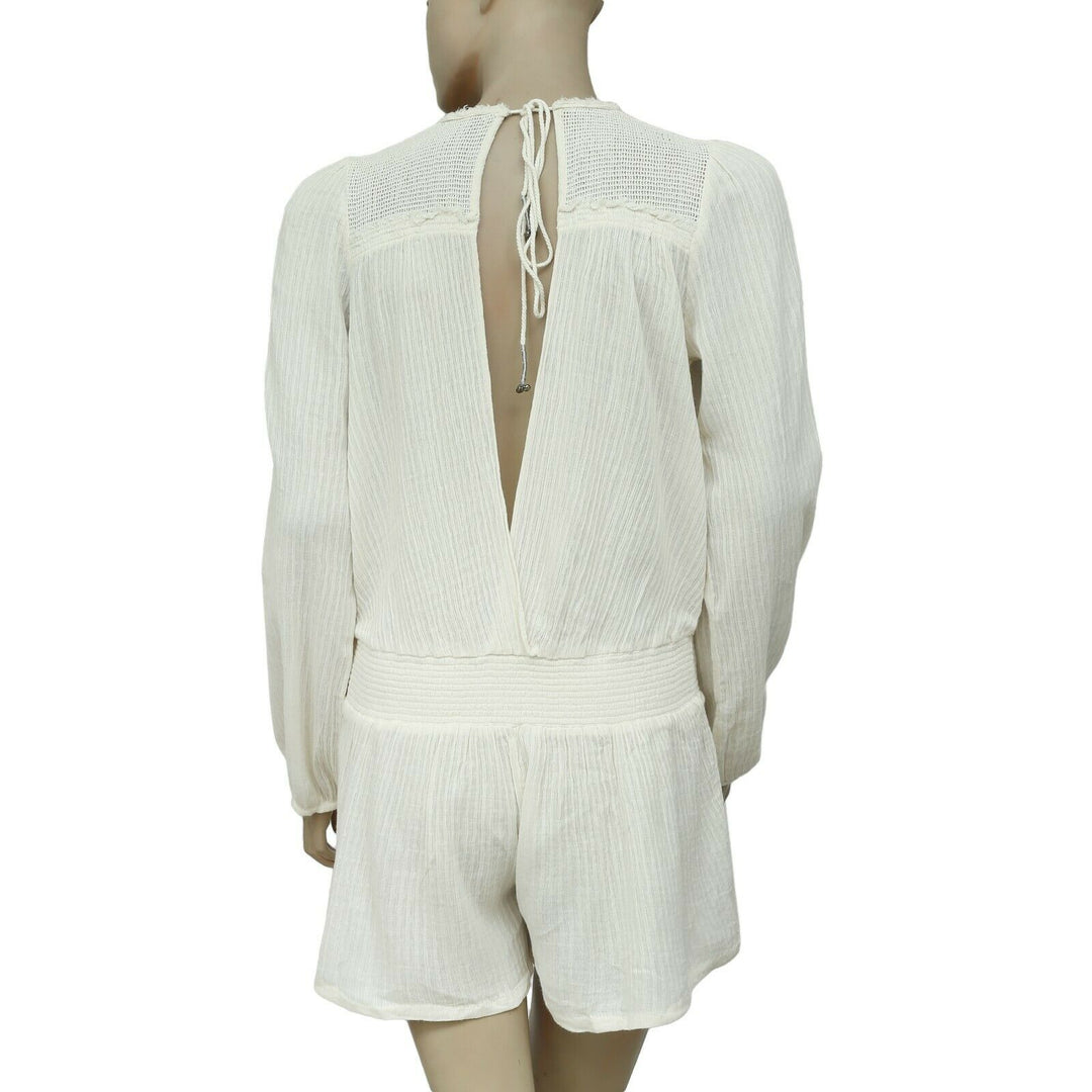 Free People Smocked Lace Long Sleeve Ivory Gauze Romper Dress M