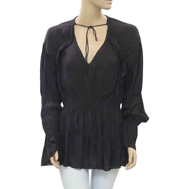 IRO Iryna Ruffled Voile Black Smocked Tunic Shirt Top