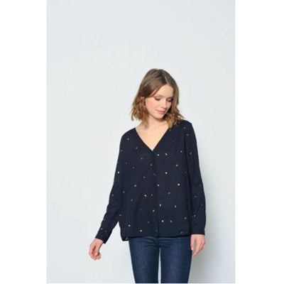 Des Petits Hauts Romane Frutti Printed Buttondown Navy Top